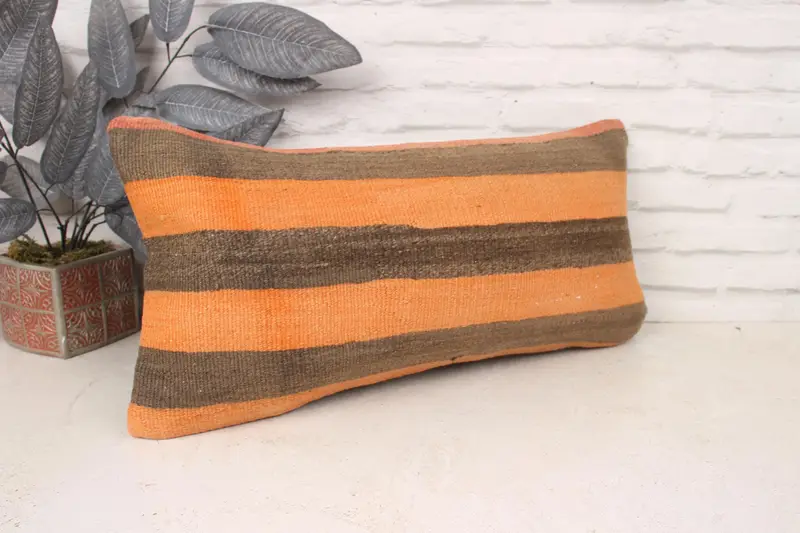 Pillow for Sofa, Vintage Pillow, Handwoven Pillow Cover Pillow Case, Boho Pillow Sham Cover, Cushion, 12x24 Orange Pillow Cover - 3
