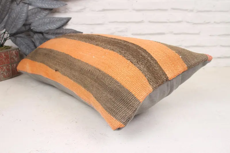 Pillow for Sofa, Vintage Pillow, Handwoven Pillow Cover Pillow Case, Boho Pillow Sham Cover, Cushion, 12x24 Orange Pillow Cover - 6