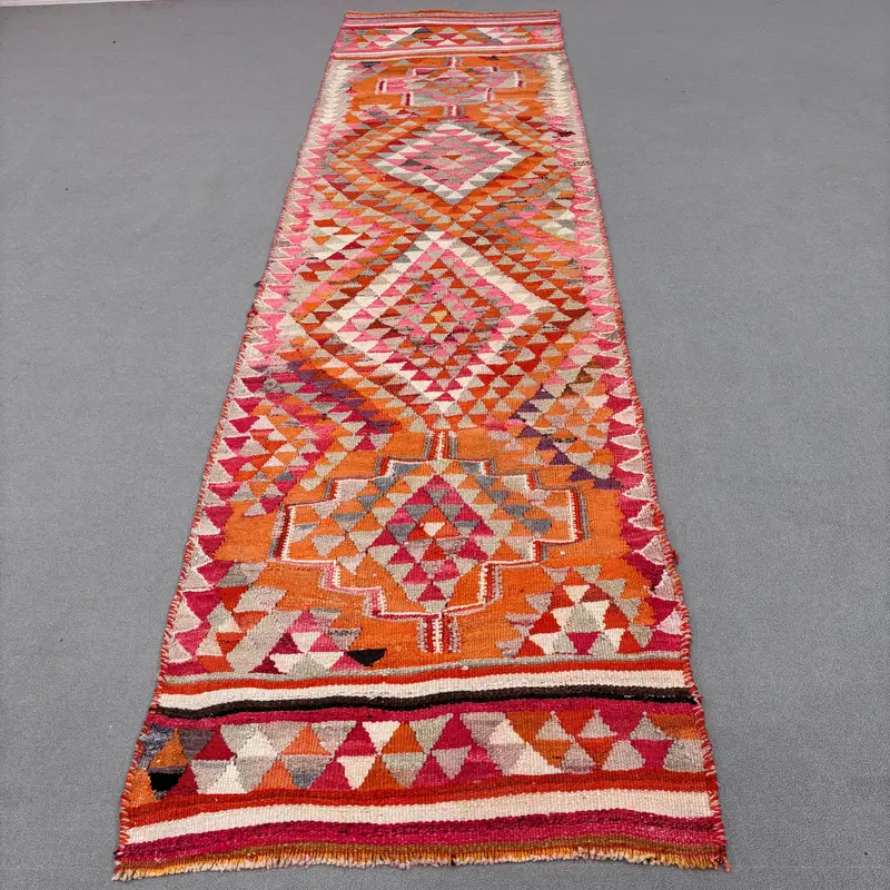 Turuncu ve Pembe Soyut Halı, 3x11,8 ft Canlı Dekor