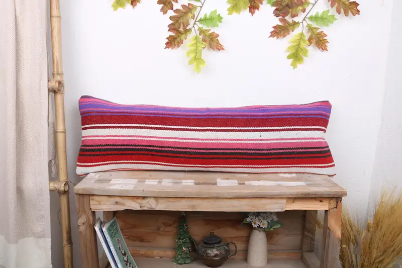 Red Striped Pillow with Zipper Closure, Embroidered Throw Pillow