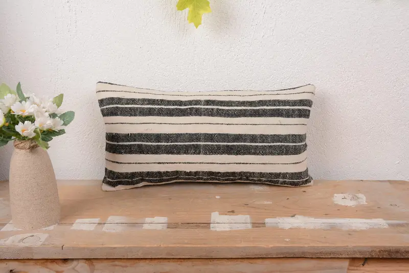 Embroidered Beige & Black Striped Pillow, Vintage Handmade Throw Pillow