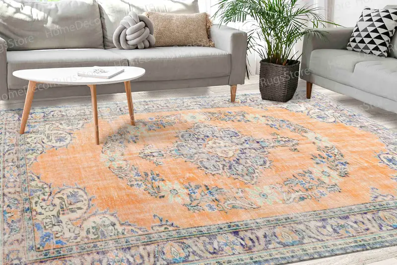 花柄プリントラグ：ソフトトーン、鮮やかなオレンジ＆ブルー