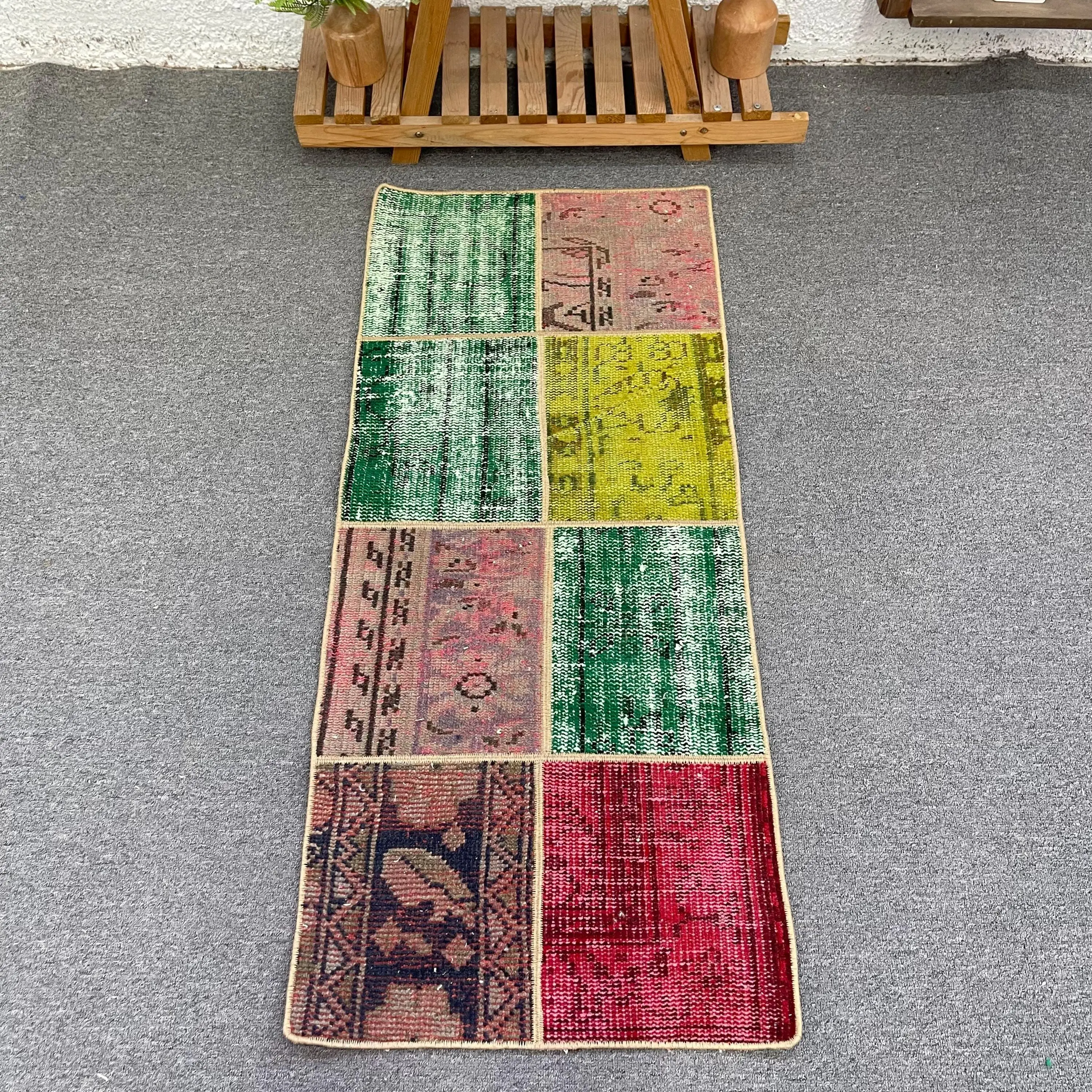 1.6x3.9 ft Turkish Rug, Vintage Small Rug, Red Green Bordered Rug - 1