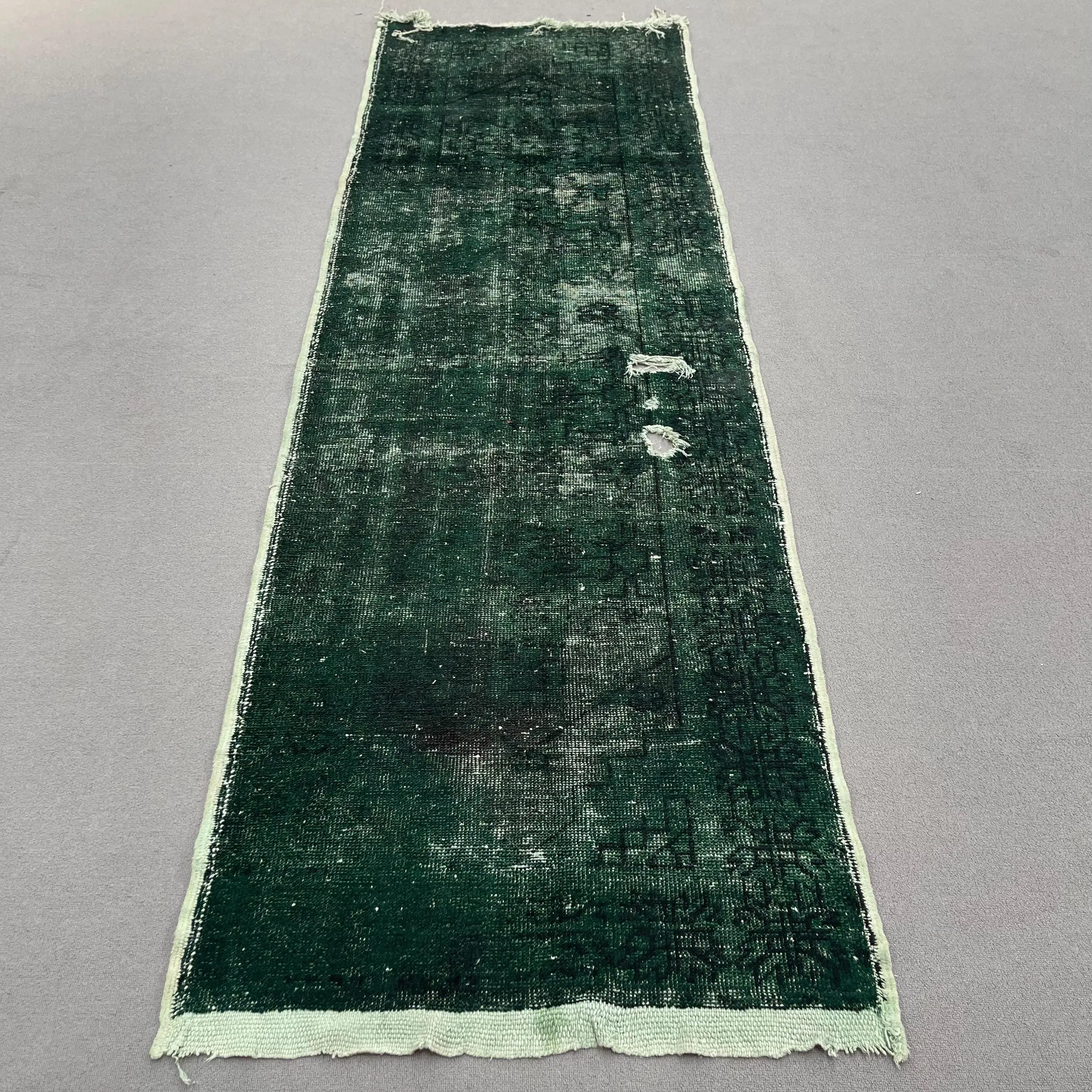 Turkish Vintage Runner Rug 3x9.5 ft, Green White Striped Rug - 1