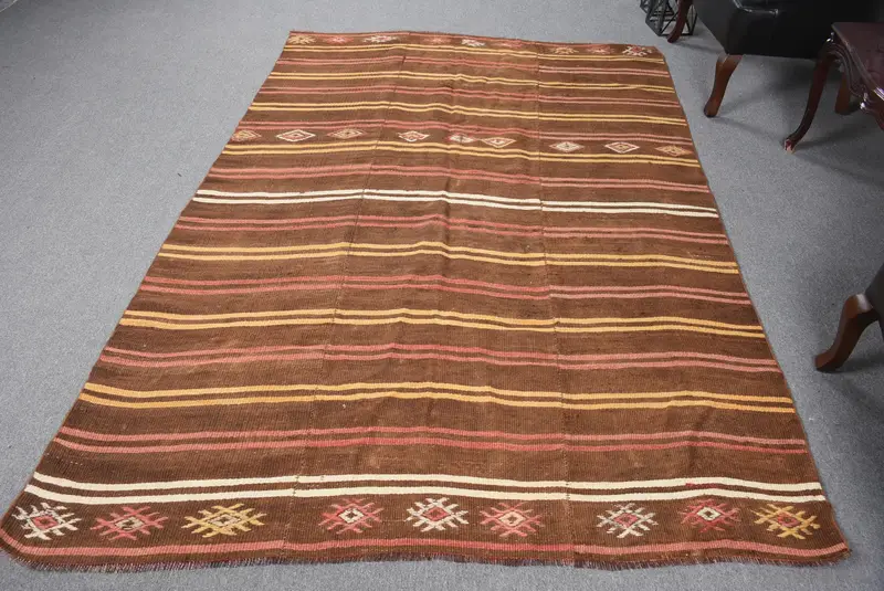 Zarif Kahverengi & Sarı Halı, 5,5x8,3 ft İran Desenli