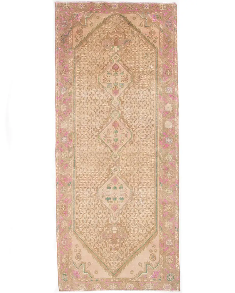 Alfombra abstracta marrón, 1,1 x 2,8 m con detalles en rosa