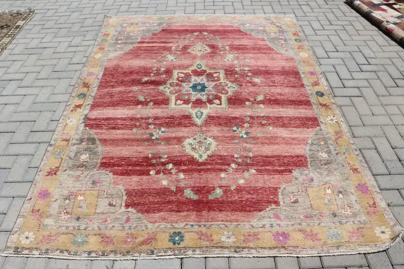 6.1x8.3 ft Vintage Oushak Rug, Turkish Rug, Red Southwestern Wool Rug - 1