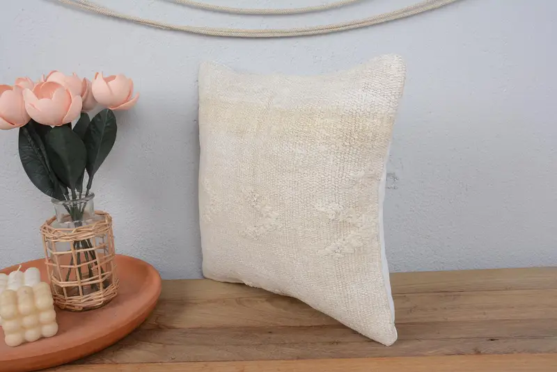 Vintage Pillow, Kilim Pillow, Pillow Cover, Turkish Kilim Pillow, Turkish Bench Pillow Cover, Southwestern Pillow Sham, 14x14 White Cushion - 4