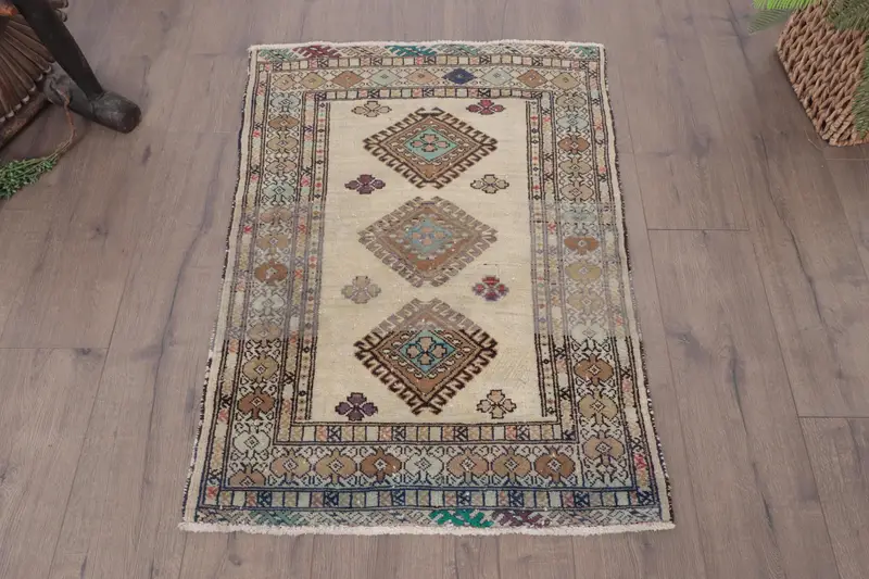 Vintage Turkish Small Rug 2.4x3.3 ft (72x102 cm), Brown Moroccan Oushak Rug - 1