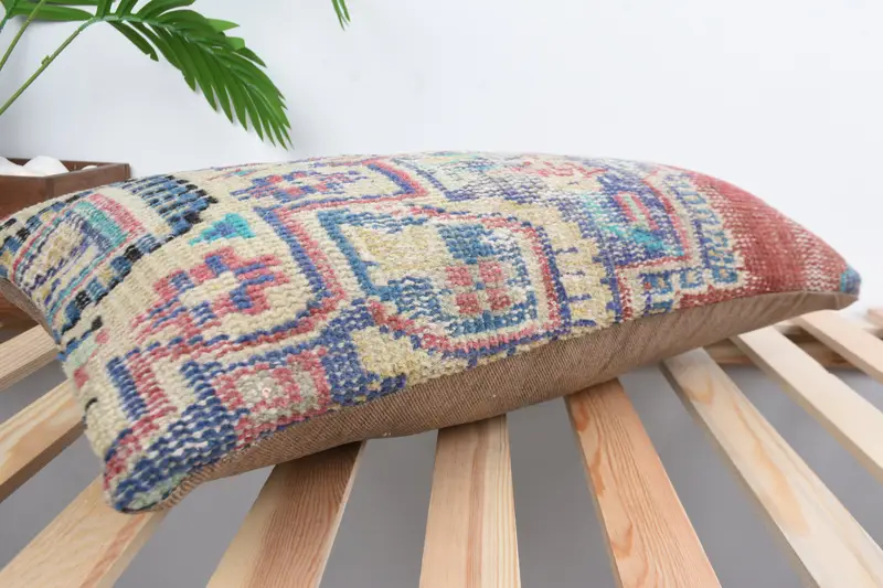 Cushion Case, Turkish Kilim Pillow, Ethnical Kilim Rug Pillow, 12x24 Blue Cushion Cover, Boho Throw Pillow Case, Kilim Cushion Sham - 6