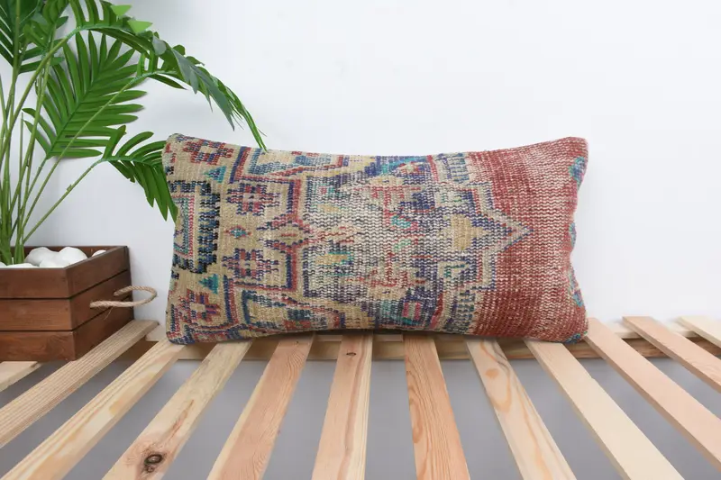 Cushion Case, Turkish Kilim Pillow, Ethnical Kilim Rug Pillow, 12x24 Blue Cushion Cover, Boho Throw Pillow Case, Kilim Cushion Sham - 1