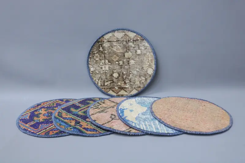 Blaues und orangefarbenes Kelim-Tischset, 10 x 10 Zoll großer türkischer Wollteppich als Esszimmerzubehör