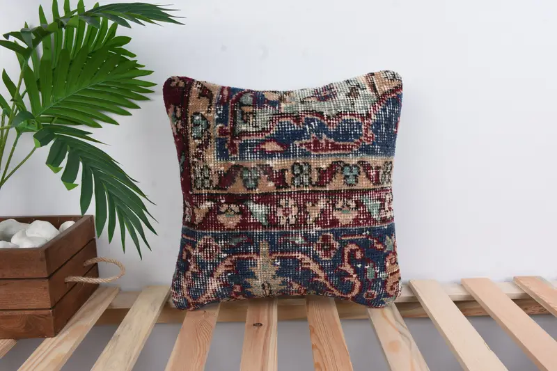 14x14 Blue Pillow Cover, Luxury Pillow Sham, Outdoor Cushion Case, Antique Pillows, Pillow for Sofa, Pillow, Vintage Kilim Throw Pillow - 1
