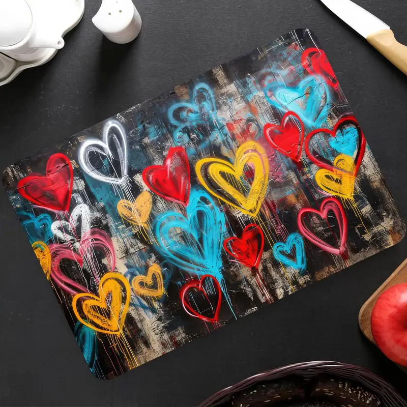 Colorful Hearts Graffiti Glass Cutting Board, Modern Kitchen Essential