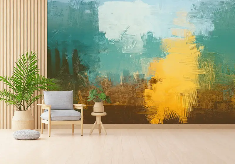 Papel pintado impreso abstracto moderno: colorido diseño de aceite verde y amarillo