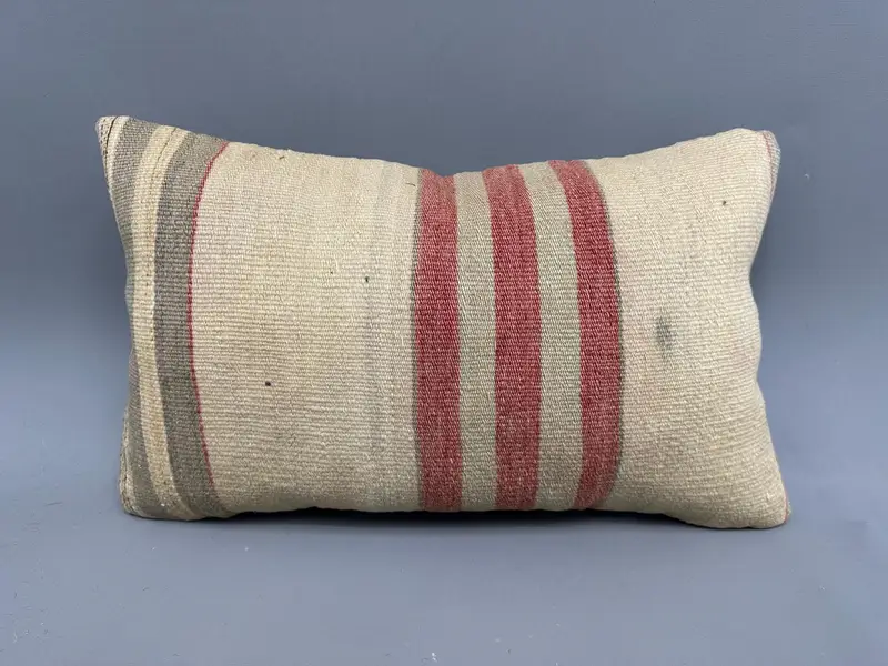 Antique Pillows, Handmade Rug Seat Cushion Cover, Cushion Cover, 12x20 Beige Cushion, Kilim Pillow, Bolster Throw Cushion Case, Pillow for Couch - 4