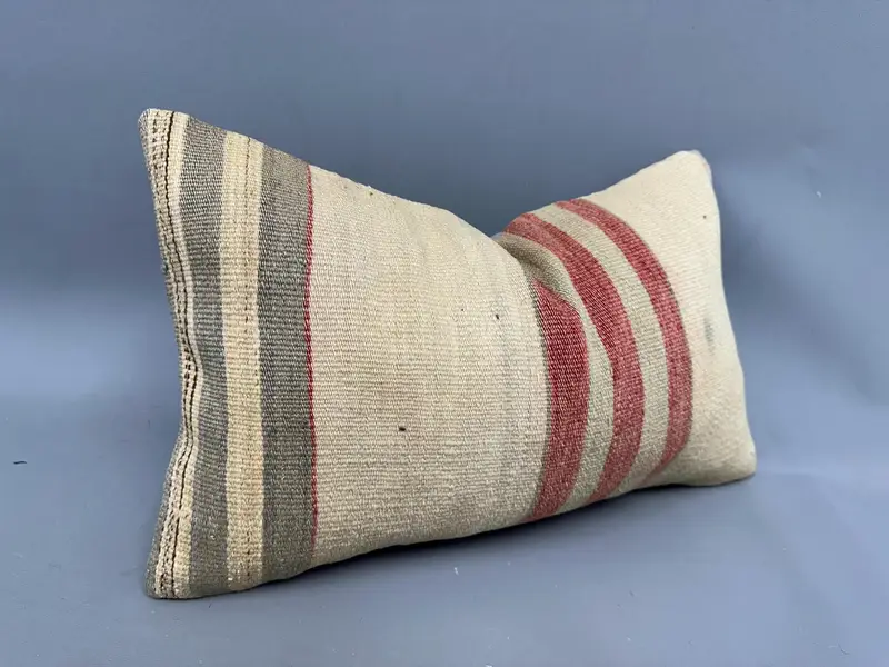 Antique Pillows, Handmade Rug Seat Cushion Cover, Cushion Cover, 12x20 Beige Cushion, Kilim Pillow, Bolster Throw Cushion Case, Pillow for Couch - 2