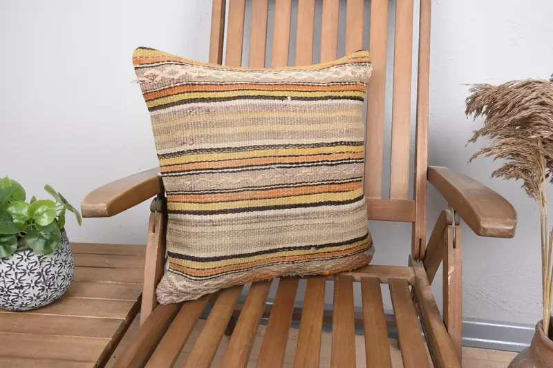 Striped Vintage Beige Pillowcase, Wool Moroccan 18x18 inch Cushion Cover - 1