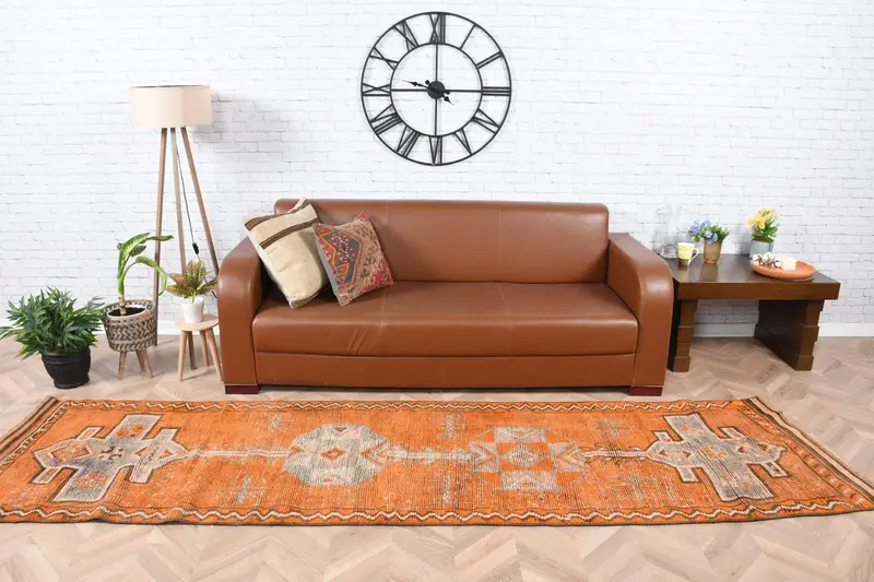 Vintage Turkish Runner Rug 2.9x10.6 ft, Herki Orange Wool Rug - 1
