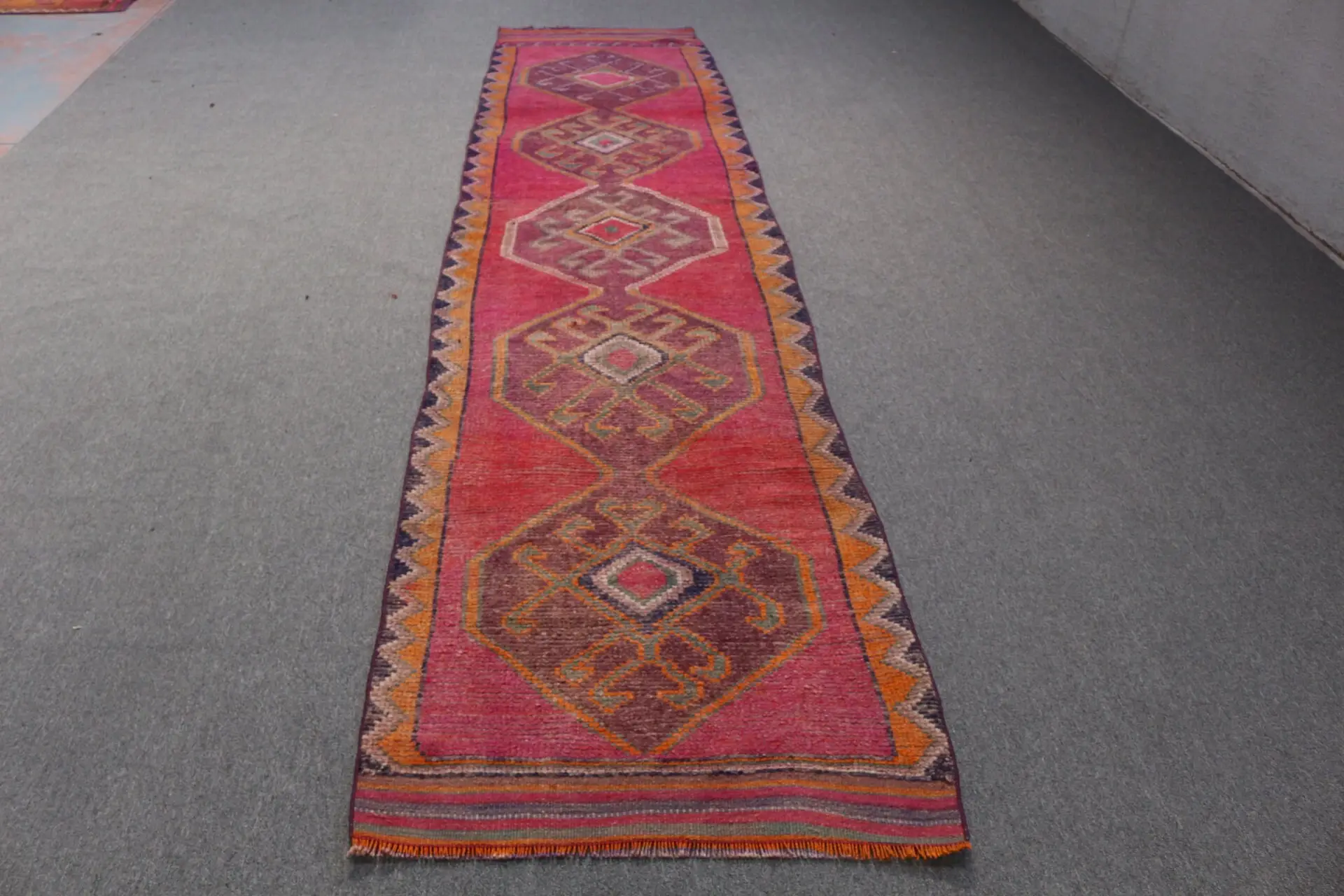 Turkish Vintage Runner Rug 2.9x12.9 ft, Red Orange Oriental Rug - 1