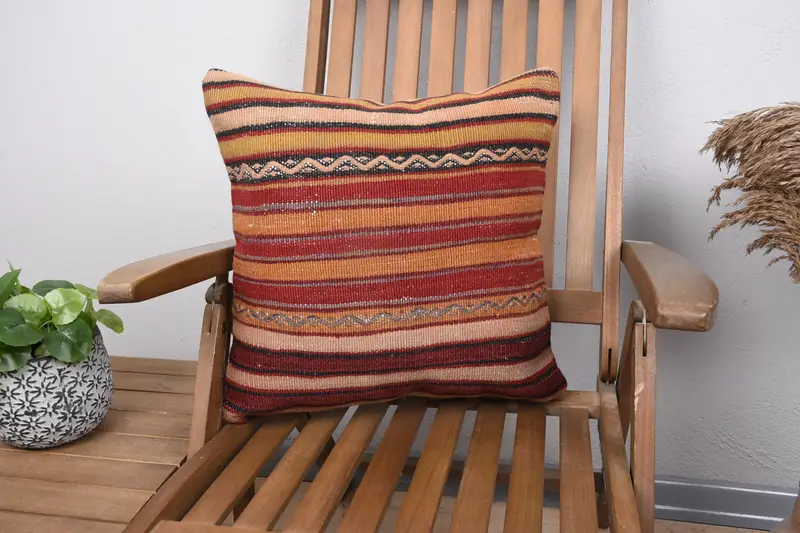 Turkish Kilim Pillow, Home Decor Pillow, Vintage Kilim Pillow, Cushion Case, 18x18 Red Cushion Cover, Anatolian Pillow Case, Sofa Pillow Sham - 1