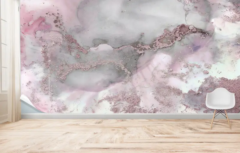 Zarif Pembe Mermer Pırıltılı Lüks Baskılı Duvar Kağıdı