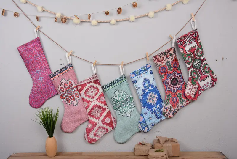 Noel Süsleri Deseni, 7 İnç Genişliğinde Boho Noel Çorabı
