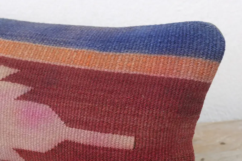 Pillow Cover, Ethnical Kilim Rug Pillow, 8x16 Red Pillow Sham, Kilim Pillow Cover, Pillow for Couch, Decorative Bolster Pillow Sham - 5