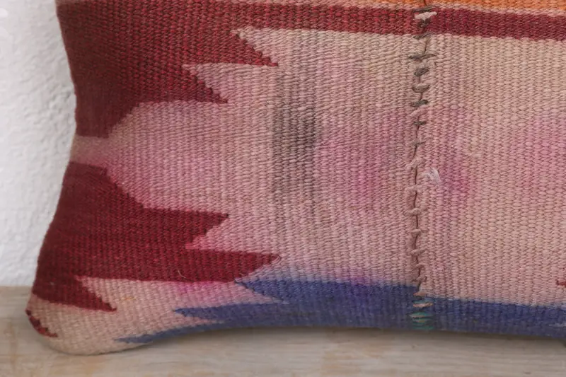 Pillow Cover, Ethnical Kilim Rug Pillow, 8x16 Red Pillow Sham, Kilim Pillow Cover, Pillow for Couch, Decorative Bolster Pillow Sham - 3