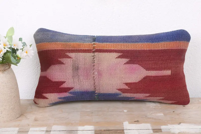 Pillow Cover, Ethnical Kilim Rug Pillow, 8x16 Red Pillow Sham, Kilim Pillow Cover, Pillow for Couch, Decorative Bolster Pillow Sham - 2