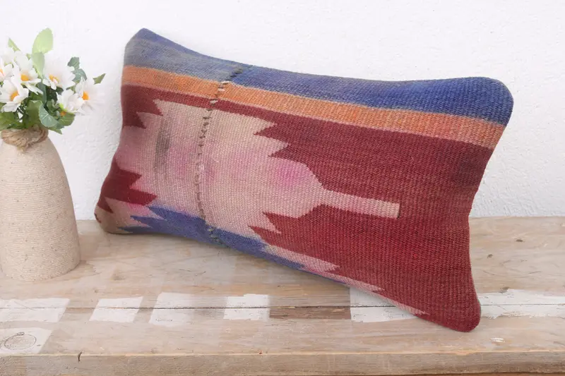 Pillow Cover, Ethnical Kilim Rug Pillow, 8x16 Red Pillow Sham, Kilim Pillow Cover, Pillow for Couch, Decorative Bolster Pillow Sham - 4