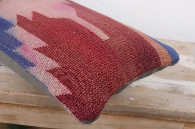 Pillow Cover, Ethnical Kilim Rug Pillow, 8x16 Red Pillow Sham, Kilim Pillow Cover, Pillow for Couch, Decorative Bolster Pillow Sham - 6