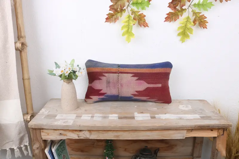 Pillow Cover, Ethnical Kilim Rug Pillow, 8x16 Red Pillow Sham, Kilim Pillow Cover, Pillow for Couch, Decorative Bolster Pillow Sham - 1