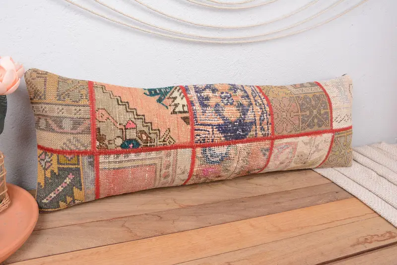 Orange & Bronze Patchwork Kissen, handgemachtes Leinenkissen