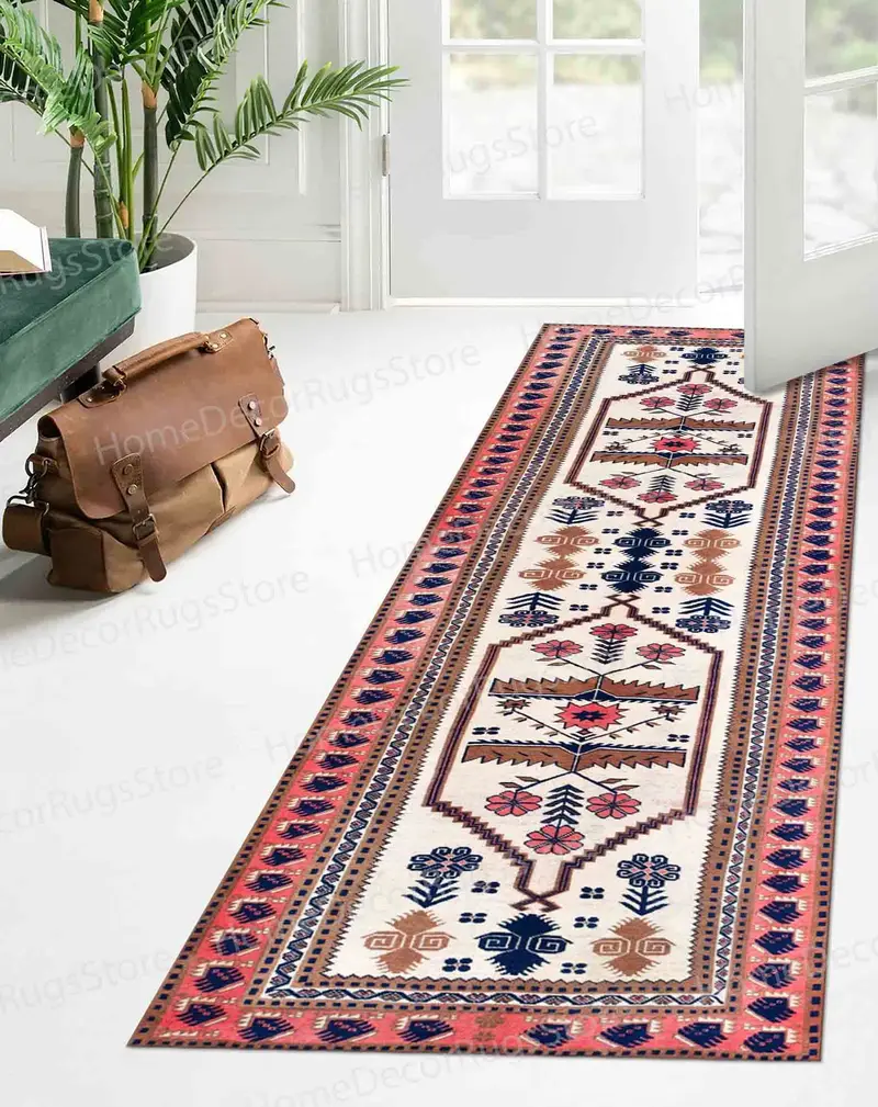 Aztek & Navajo Desenli Pembe & Kahverengi Kilim Baskılı Halı