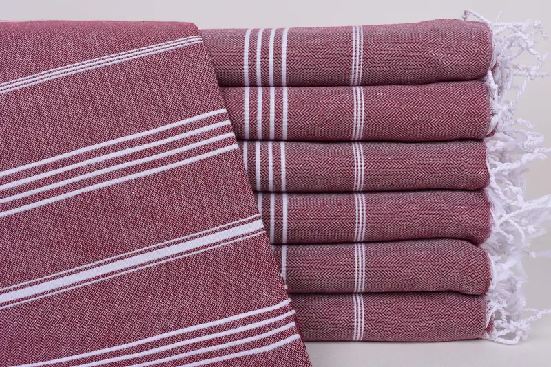Handmade Organic Cotton Beach Towel, 70x40 Inches, Burgundy Stripes