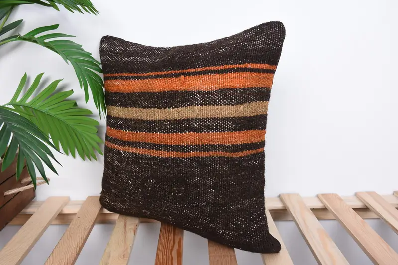 Pillow Sham, 16x16 Brown Cushion Case, Cozy Throw Pillow Cover, Turkish Kilim Pillow, Handwoven Pillow Case, Vintage Pillow, Boho Pillow - 5