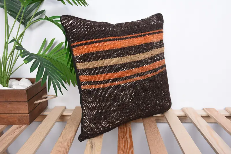 Pillow Sham, 16x16 Brown Cushion Case, Cozy Throw Pillow Cover, Turkish Kilim Pillow, Handwoven Pillow Case, Vintage Pillow, Boho Pillow - 4