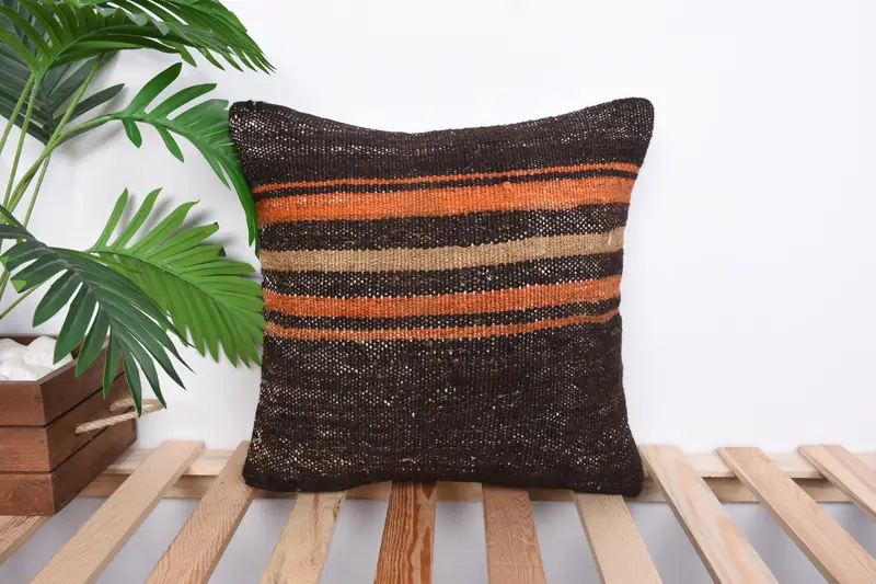 Pillow Sham, 16x16 Brown Cushion Case, Cozy Throw Pillow Cover, Turkish Kilim Pillow, Handwoven Pillow Case, Vintage Pillow, Boho Pillow - 1