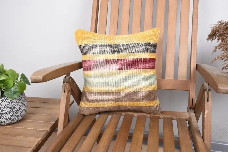 Antique Pillows, Turkish Bench Pillow Case, 14x14 Yellow Pillow Sham, Colorful Cushion, Ethnical Kilim Rug Pillow, Turkish Pillow, Pillow Case - 1