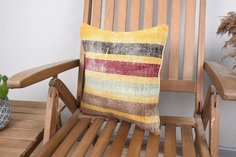 Antique Pillows, Turkish Bench Pillow Case, 14x14 Yellow Pillow Sham, Colorful Cushion, Ethnical Kilim Rug Pillow, Turkish Pillow, Pillow Case - 3