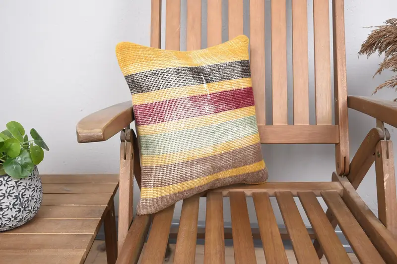 Antique Pillows, Turkish Bench Pillow Case, 14x14 Yellow Pillow Sham, Colorful Cushion, Ethnical Kilim Rug Pillow, Turkish Pillow, Pillow Case - 2