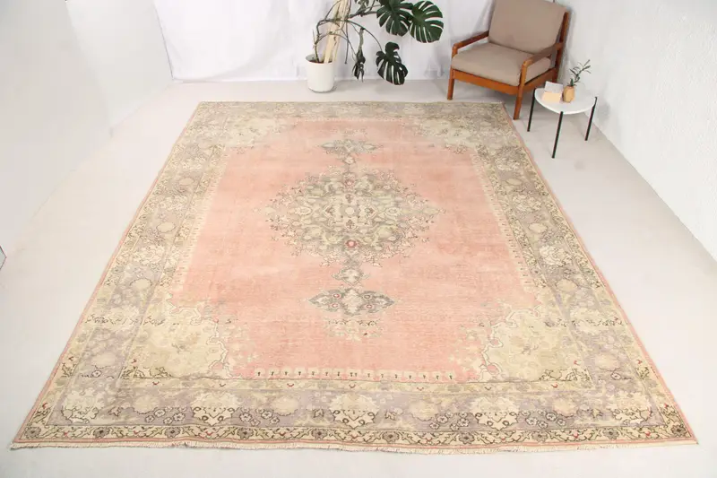 Vintage Turkish Rug, Oversize 8.8x10.9 ft (267x332 cm) Rug, Pink Floral Wool Rug - 1