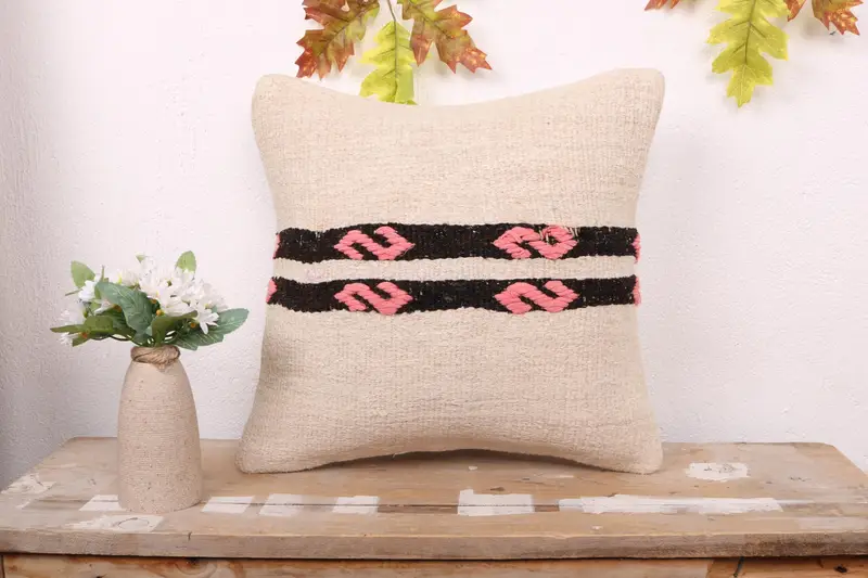 Ethnical Kilim Rug Pillow, Turkish Corner Pillow Case, 16x16 White Pillow, Pillow Cover, Square Throw Pillow, Kilim Cushion Sham, Gift Pillow - 1