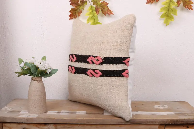 Ethnical Kilim Rug Pillow, Turkish Corner Pillow Case, 16x16 White Pillow, Pillow Cover, Square Throw Pillow, Kilim Cushion Sham, Gift Pillow - 4