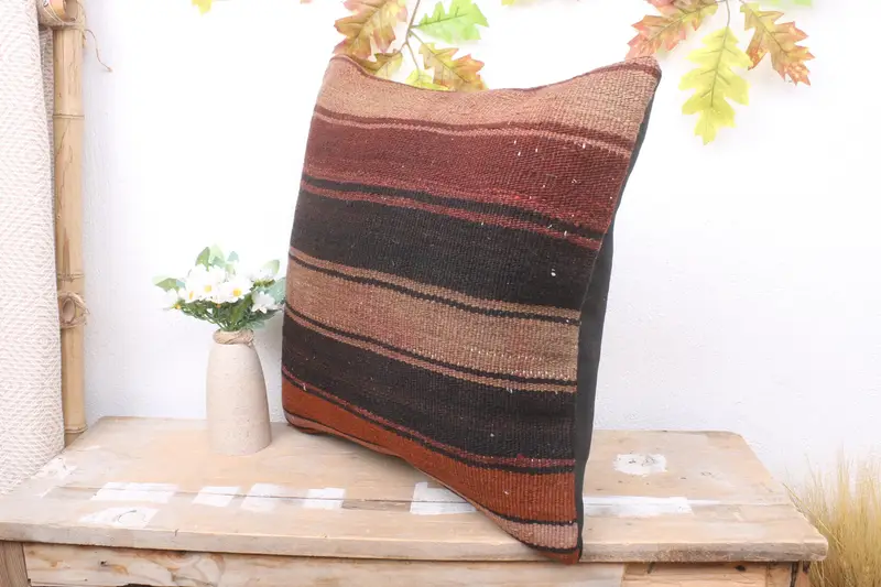 Turkish Pillow, Vintage Kilim Pillow, Accent Pillow Cover, 18x18 Brown Pillow Sham, Pillow Cover, Pillow for Sofa, Tapestry Cushion Cover - 4