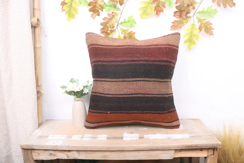 Turkish Pillow, Vintage Kilim Pillow, Accent Pillow Cover, 18x18 Brown Pillow Sham, Pillow Cover, Pillow for Sofa, Tapestry Cushion Cover - 1