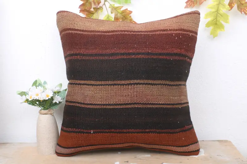 Turkish Pillow, Vintage Kilim Pillow, Accent Pillow Cover, 18x18 Brown Pillow Sham, Pillow Cover, Pillow for Sofa, Tapestry Cushion Cover - 2