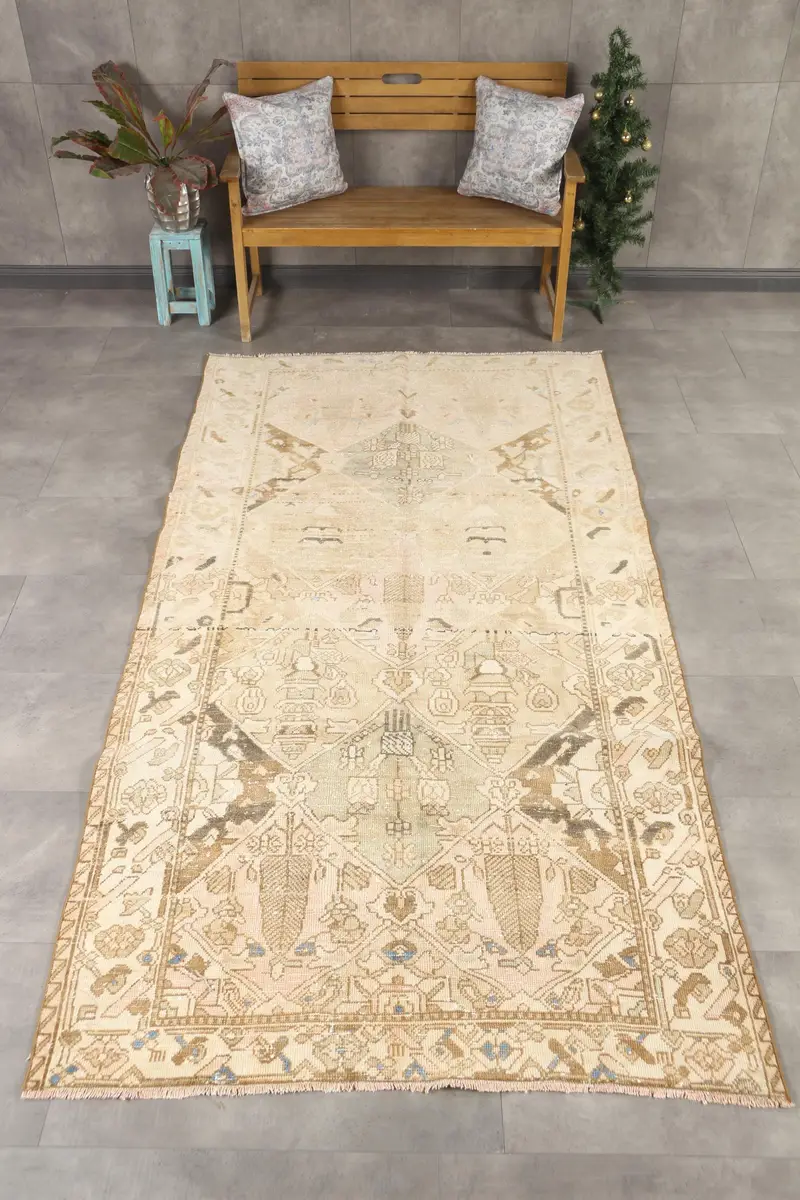 Türk Vintage Büyük Halı 4.5x9.5 ft (137x290 cm), Kahverengi Geometrik Oushak Halı - 1