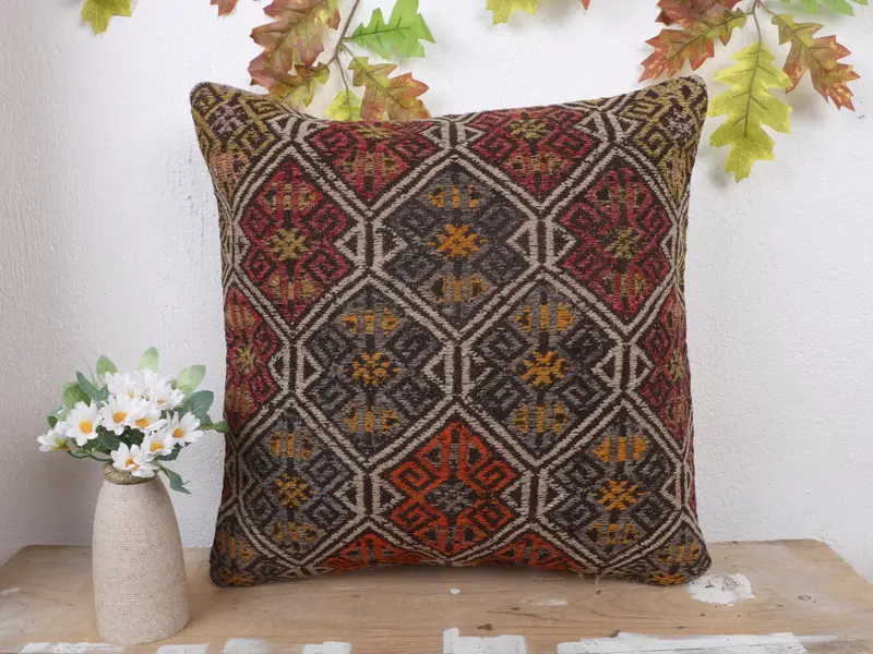 Grau & Rot besticktes Wurfkissen, 18x18 geometrisches Kissen